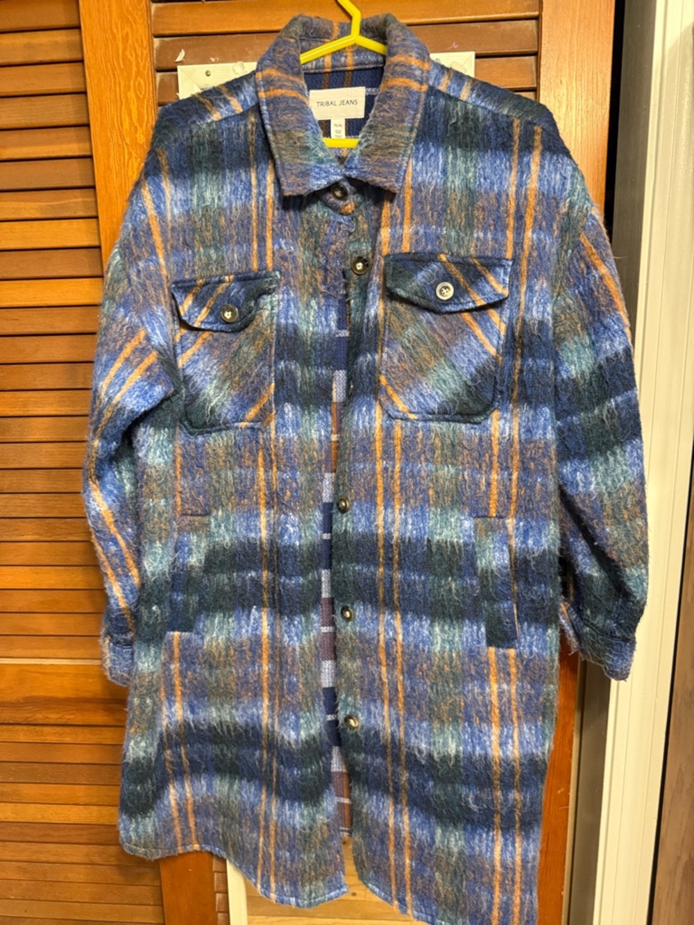 Plaid Long Jacket Coat - Blue & Orange